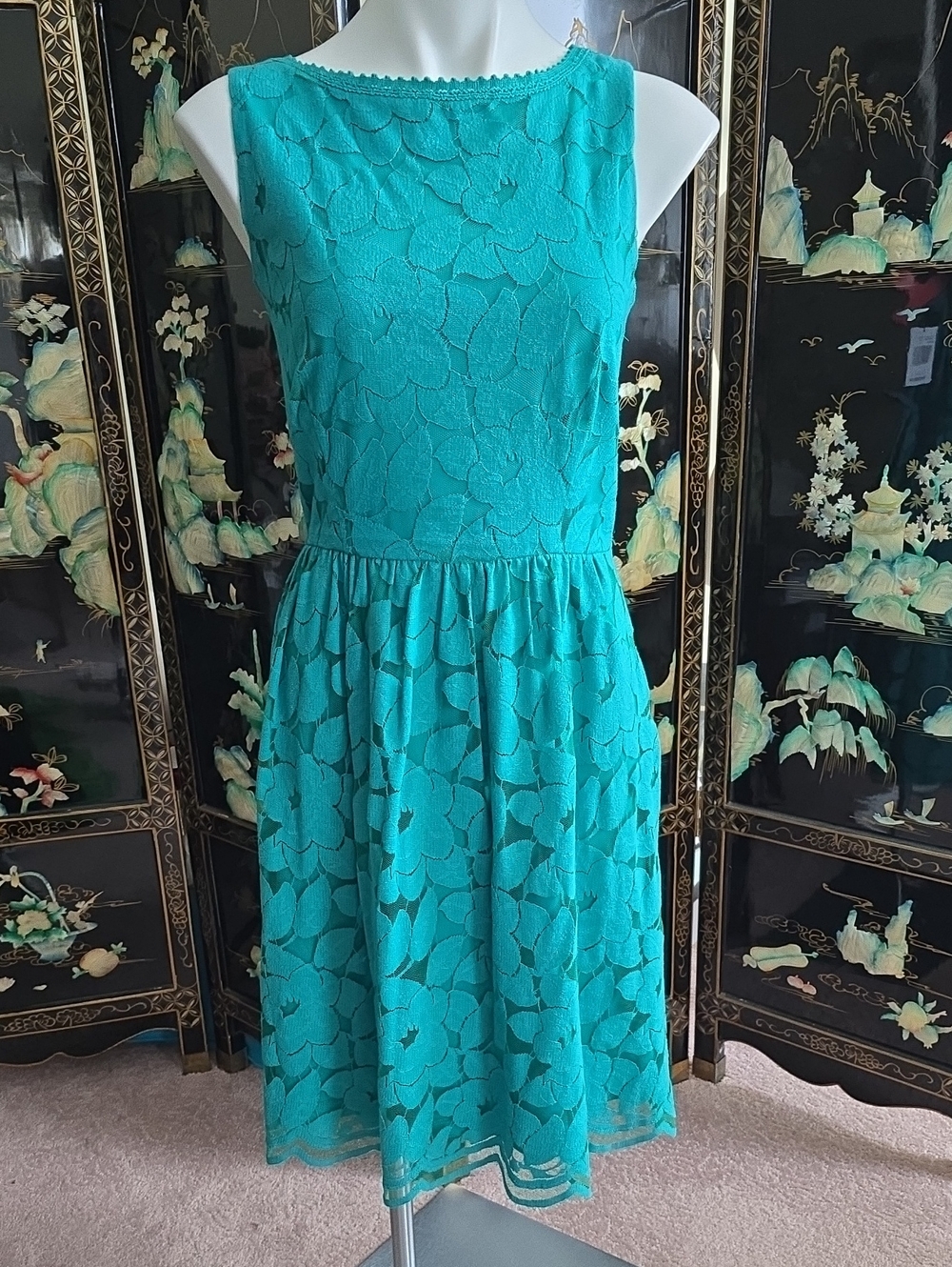 Ronni Nicole Teal Floral Lace Sleeveless Midi Dress
